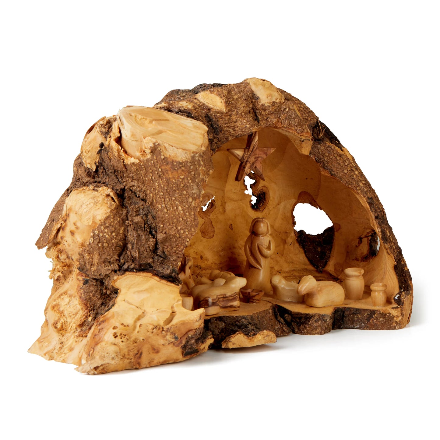 Hand Carved Olive Wood Cave Nativity Scene