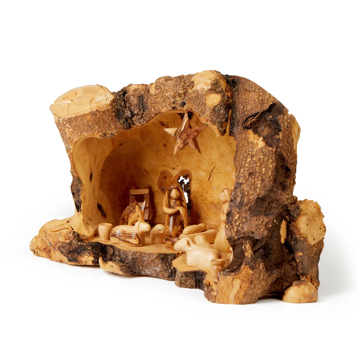Hand Carved Olive Wood Cave Nativity Scene