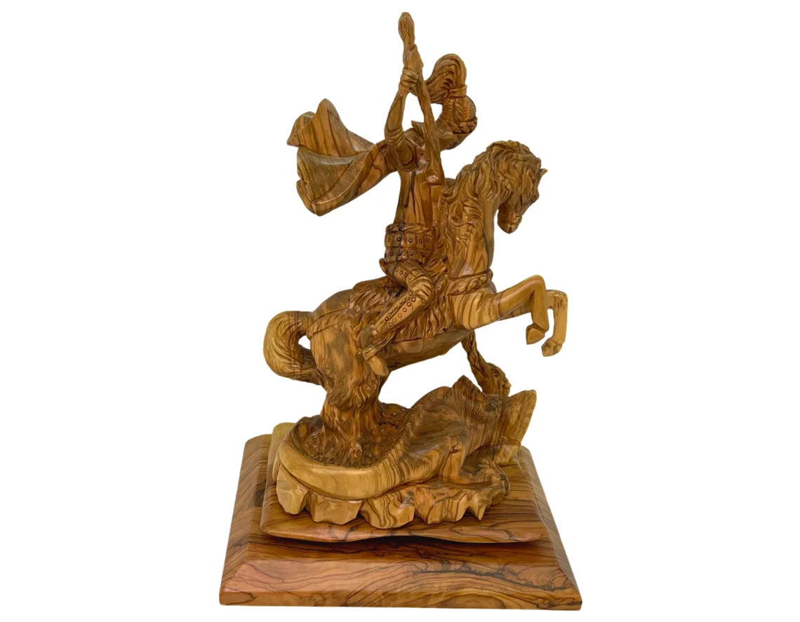 St. George Slaying the Dragon Olive Wood Hand Carved Statue
