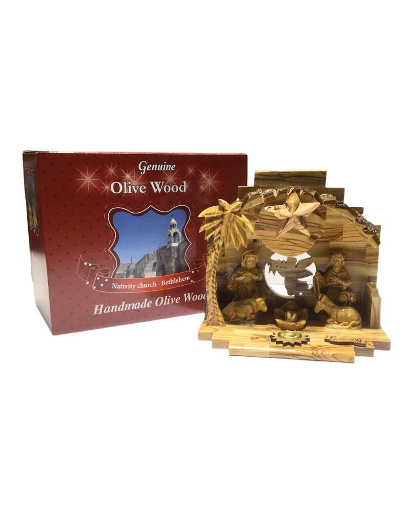 Musical Olive Wood Nativity Cave Set