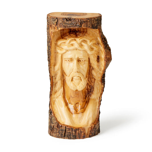 Face Of Jesus Hand Carved Into Olive Wood Branch