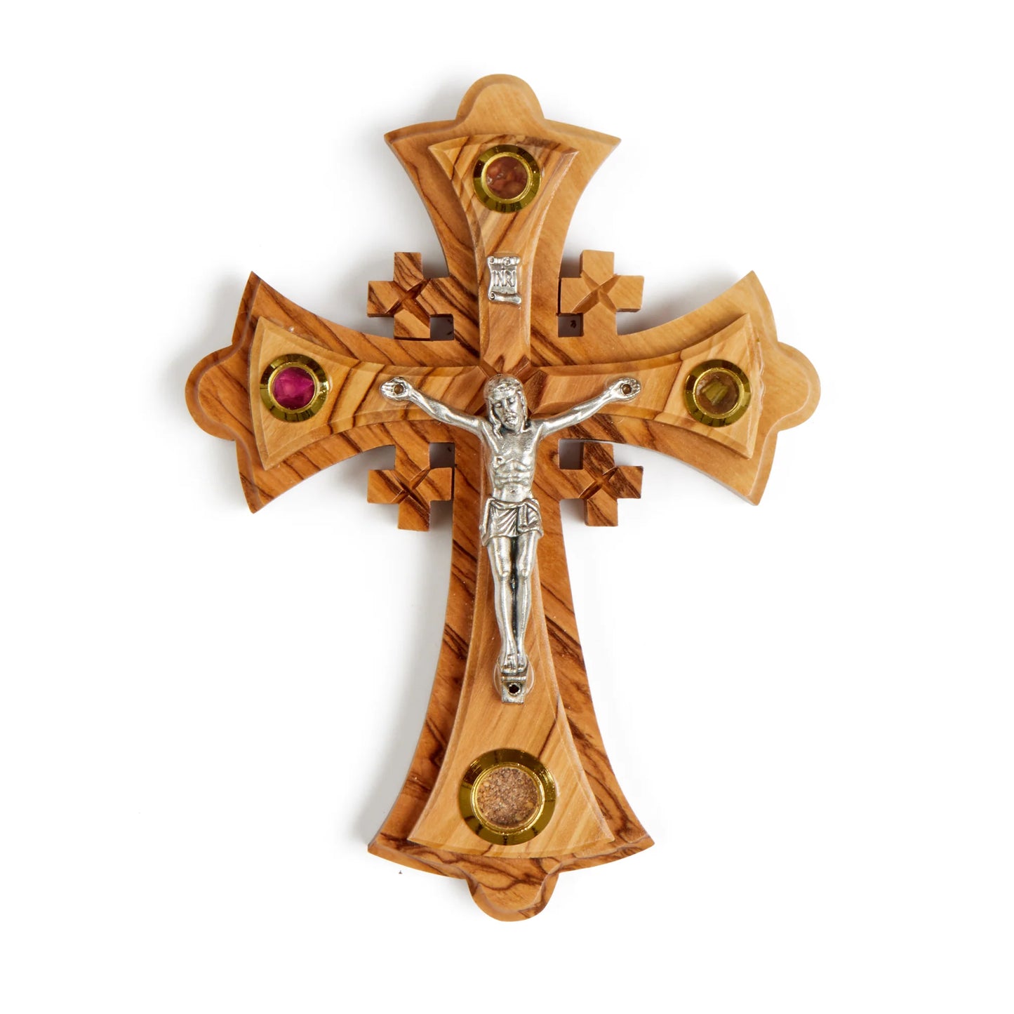Olive Wood Crucifix Cross With Holy Soil, Holy Water, Incense And Olive Leaves