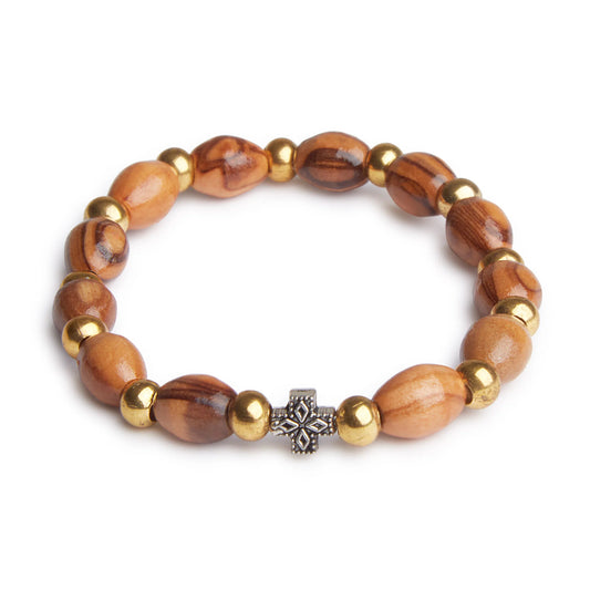 Olive Wood Handmade Bead Bracelet With Ornate Cross
