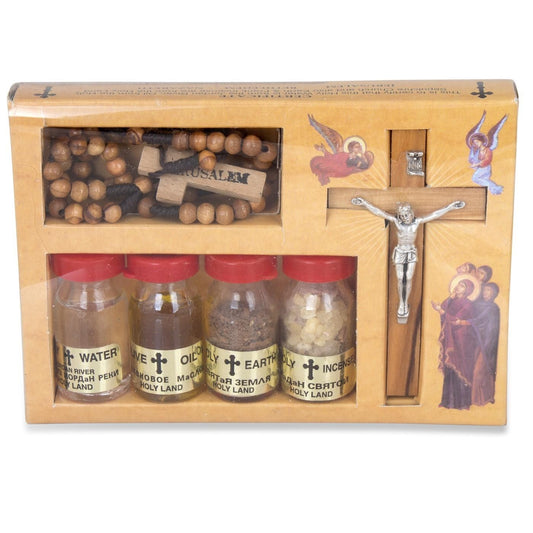 Olive Wood Crucifix and Rosary Gift Set