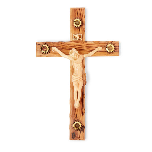 Olive Wood Crucifix Cross With Holy Soil, Holy Water, Incense And Olive Leaves, Hand Carved Jesus,