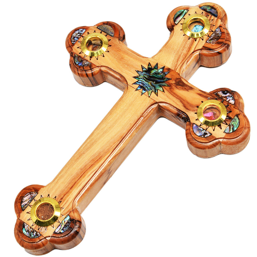 Olive Wood Cross with Mother of Pearl, Incense & Holy Soil