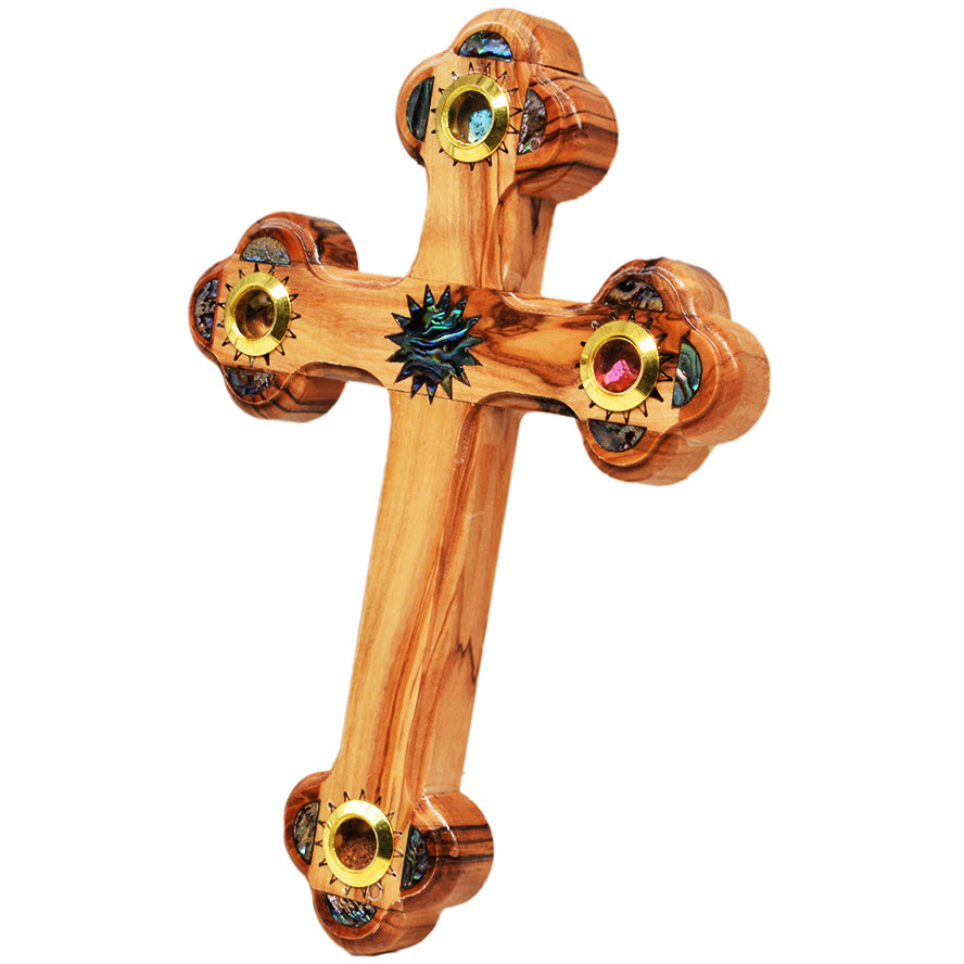 Olive Wood Cross with Mother of Pearl, Incense & Holy Soil
